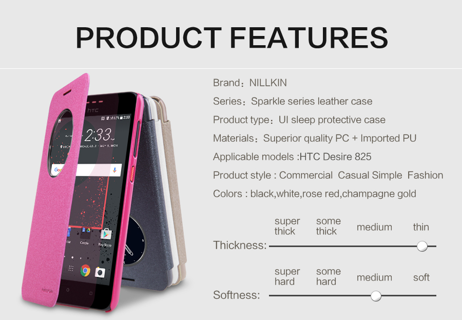 Bao Da HTC Desire 825 Hiệu Nillkin Sparkle mặt trên lớp da sần cao cấp,thiết kế hở màn hình, chống bám bụi chẩy xước, Mặt sau làm bằng nhựa cao cấp bảo vệ va đập