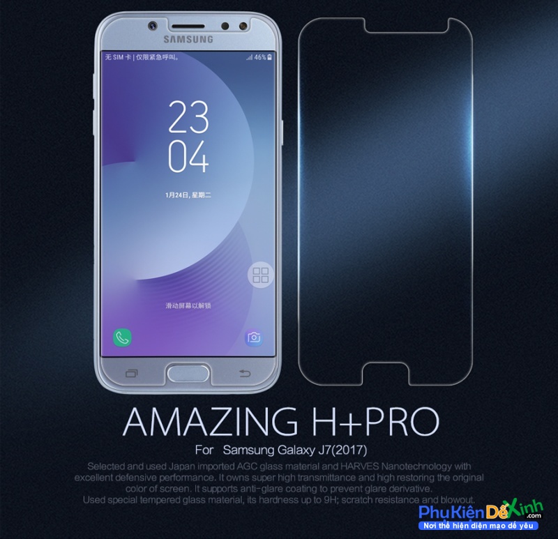 Miếng Dán Kính Cường Lực Samsung J7 Pro Hiệu Nillkin 9H+ Pro có khả năng chống dầu, hạn chế bám vân tay, chịu lực tốt, tránh được trường hợp loạn cảm ứng