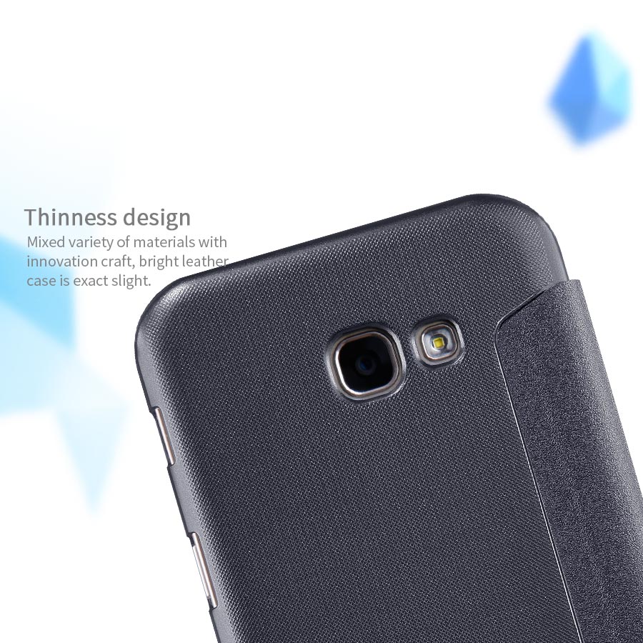 Bao Da Samsung Galaxy A5 2017 Nillkin Sparkle thiết kế bề mặt nhám. Mặt sau được làm từ nhựa PU cao cấp, ôm sát thân máy bảo vệ 100% không trầy các góc cạnh của máy. Phần tiếp xúc màn hình của chiếc Bao Da Samsung Galaxy A5 2017