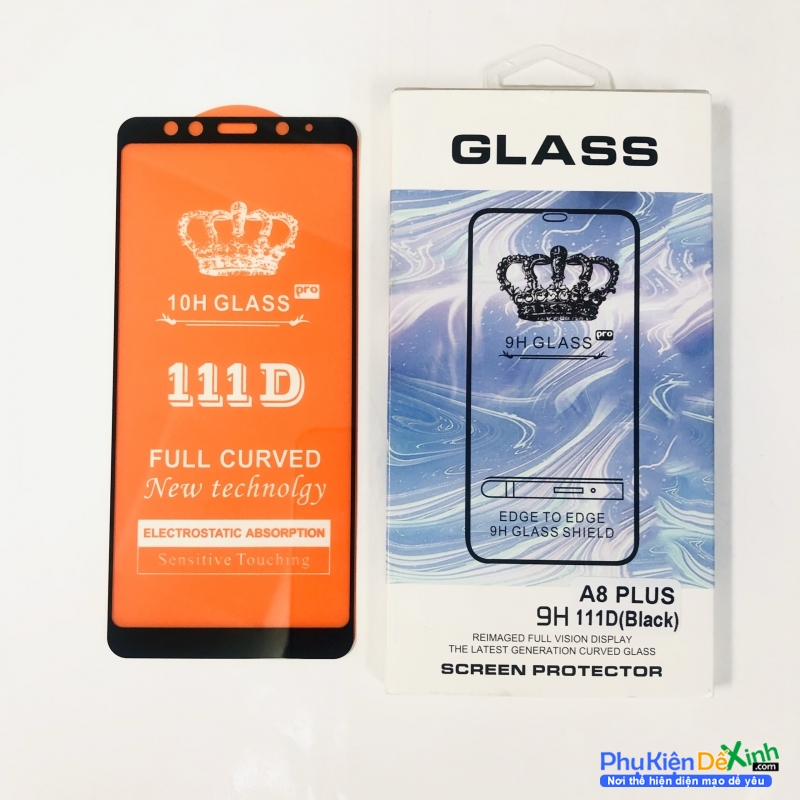 Miếng Kính Cường Lực Full Samsung Galaxy A8 Plus Hiệu Glass ôm sát vào màn hình máy bao gồm cả phần viền màn hình, bám sát tỉ mỉ từng chi tiết nhỏ