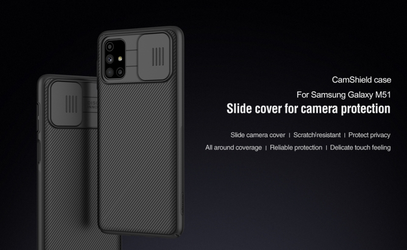 Ốp Lưng Samsung Galaxy M51 Chính Hãng Nillkin CamShield thiết kế dạng camera đóng mở giúp bảo vệ an toàn cho Camera của máy, màu sắc đen huyền bí sang trọng rất hợp với phái mạnh.