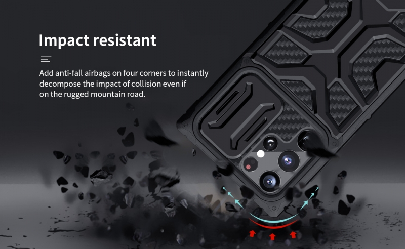 Ốp Lưng Samsung Galaxy S22 Ultra Chính Hãng Nillkin Adventurer Chống Va Đập bảo vệ camera thiết kế dạng camera đóng mở giúp bảo vệ an toàn cho Camera của máy, màu sắc đen huyền bí sang trọng rất hợp với phái mạnh.